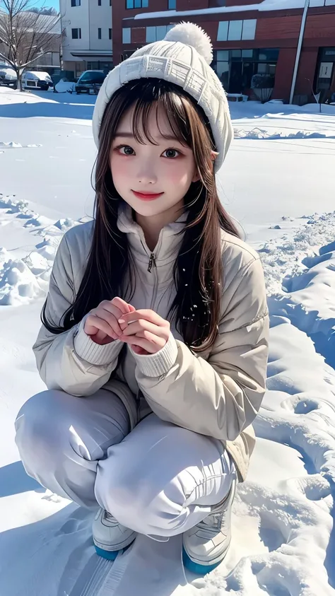 , The deep footprints on the snow-covered path (virgin snow)  ,  deep footprints are dug on top of the snow {x} deep footprints continue through the snow to a girl , Winter hat ,   snow from her footprints  ,  focus on snow  , virgin snowを歩く , snow、  footp...