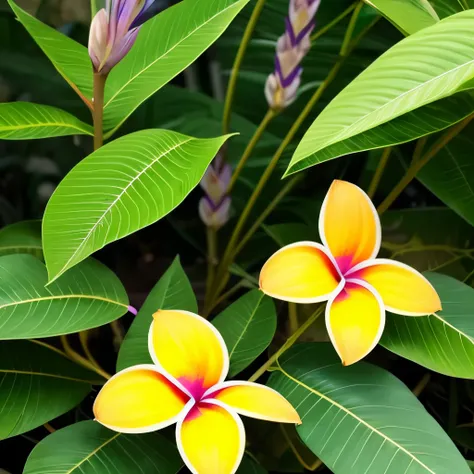 yellow and pink flowers are blooming on a tree with green leaves, blooming tropical flowers, plumeria, tropical flowers, beautiful tropical flowers, incredibly beautiful, tropical flower plants, kauai springtime, pink yellow flowers, stunningly beautiful, ...