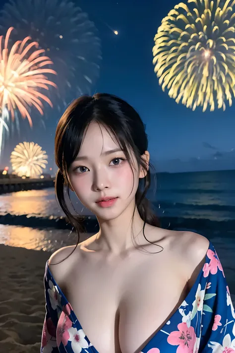 Japanese、Age 25、younger sister、Randomly generated people with diverse facial features and hairstyles々、Perfect Anatomy,Ocean、Beach、firework、Night Sky、firework、yukata,lerge breast