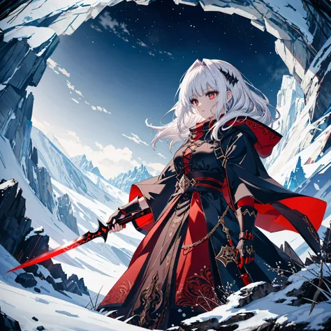 A female warrior wearing a long, ragged red hooded cloak, holding a large, ornate, wear wolf, red demonic-looking sword. She stands in a dark, snowy, mountainous landscape, with crags and icy winds swirling around her. her eyes glow with a supernatural int...