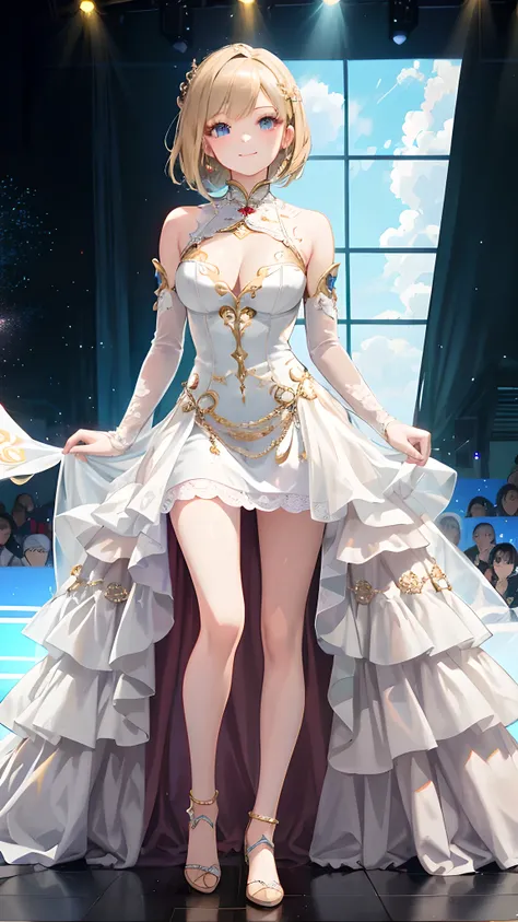 araffed woman in a white dress standing on a stage, a beautiful fantasy empress, wearing fantasy formal clothing, fantasy outfit, fantasy dress, full body xianxia, karol bak uhd, intricate fantasy dress, ((a beautiful fantasy empress)), extravagant dress, ...