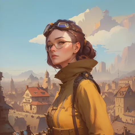 painting of a woman with goggles on her head looking over a city, artwork in the style of guweiz, portrait of an adventurer, inspired by mads berg, moebius + loish + wlop, inspired by Jaroslava Korol, golden steampunk city atmosphere, by mads berg, krenzcu...