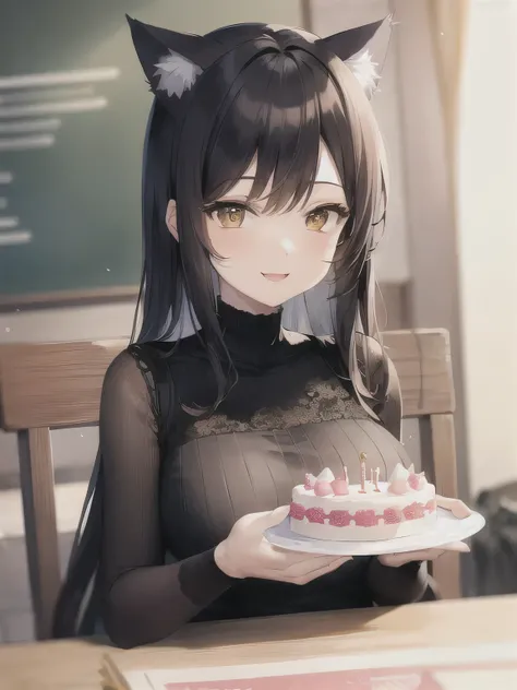 a neko adult woman, cat ears, holding a birthday cake, happy smile, 2d, masterpiece, best quality, anime, highly detailed face, highly detailed background, perfect lighting