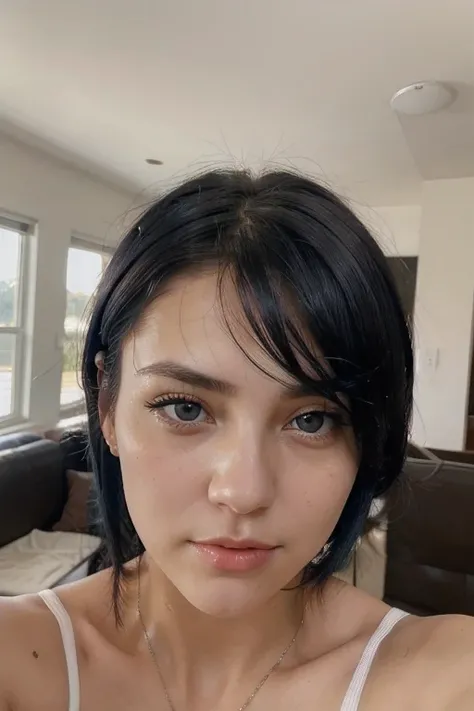 White woman with dark blue hair with light brown eyes defined face bites her lips sexually take a selfie with the front camera 