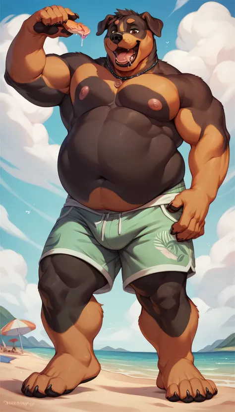  Chubby male furry Rottweiler  shirtless , beach shorts , standing posture, brown eyes, salivating, clawed feet, open mouth, eating micros, vore