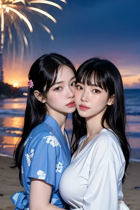 Japanese、Age 25、younger sister、Randomly generated people with diverse facial features and hairstyles、Perfect Anatomy,Ocean、Beach、firework、Night Sky、firework、yukata, natural midium breast, kissing