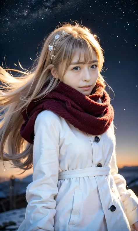 (  Snow is falling、 blue eyes、 blue eyes、white winter clothes、Admire the night sky in a frigid region、Im wearing a fluffy red scarf、Her breath is white expression 、A woman looking at the starry sky、 Night Background 、that&#39;Outside at night)、(    plump b...