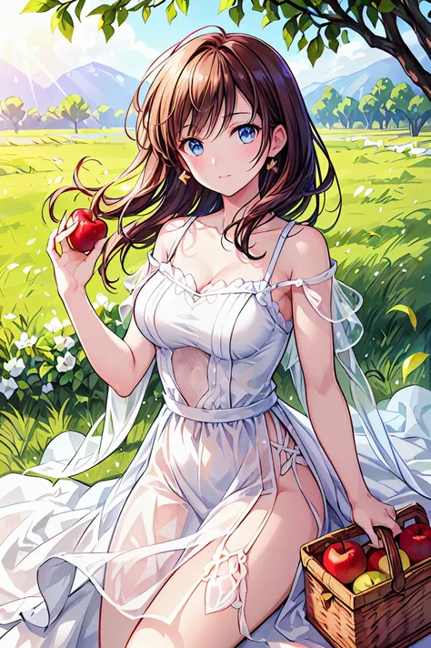  Portrait of a beautiful woman in a bright, windy field, river, (Backlight),  realistic ,   masterpieces during breakfast ,  top quality,  lens flare, shade, bloom, [[ Color Difference]], Jeremy Lipping , Antonio J... Apple Orchard,   Digital Painting , St...