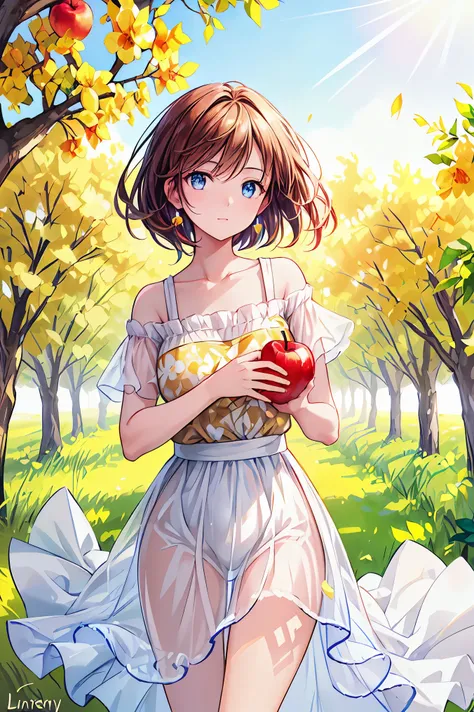  Portrait of a beautiful woman in a bright, windy field, river, (Backlight),  realistic ,   masterpieces during breakfast ,  top quality,  lens flare, shade, bloom, [[ Color Difference]], Jeremy Lipping , Antonio J... Apple Orchard,   Digital Painting , St...