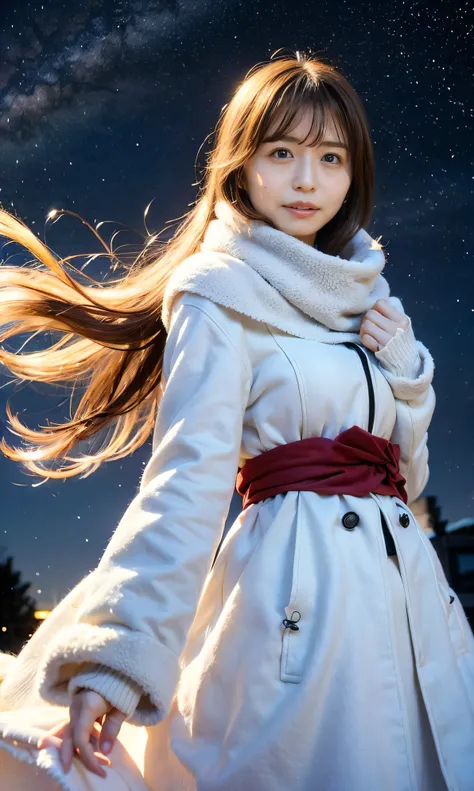 (  Snow is falling、 blue eyes、 blue eyes、white winter clothes、Admire the night sky in a frigid region、Im wearing a fluffy red scarf、Her breath is white expression 、A woman looking at the starry sky、 Night Background 、that&#39;Outside at night)、(    plump b...