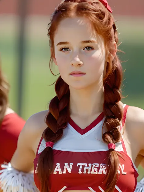 (best quality,4k,8k,highres,masterpiece:1.2),ultra-detailed,(realistic,photorealistic,photo-realistic:1.37), ((a school cheerleader, solo, shy)), ((very large bust size for her young age)), braided red hair, pale skin