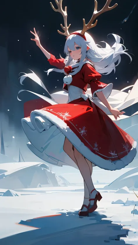  Tonight Is a Fun Christmas Eve 、  A Gentle Snowflake Is a Winter Wonderland  、Snow Forest、(  A Full Body Portrait of Santa Claus, a Cute Silver-Haired Woman  )、Reindeer Antler Headband  "Snow Scene"、 Dancing in the snow、 Anime Girl in a Red and White Dres...