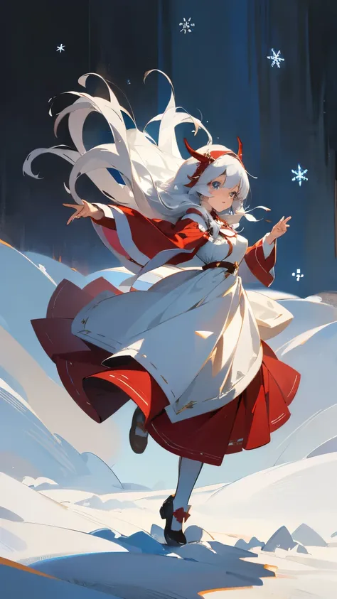  Tonight Is a Fun Christmas Eve 、  A Gentle Snowflake Is a Winter Wonderland  、Snow Forest、(  A Full Body Portrait of Santa Claus, a Cute Silver-Haired Woman  )、Reindeer Antler Headband  "Snow Scene"、 Dancing in the snow、 Anime Girl in a Red and White Dres...