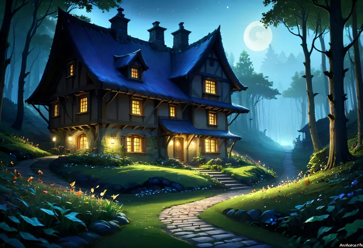  nighttime scene of a house in the woods with a path,  beautiful fairytale rendering  , realistic  fantasy rendering by Andreas Rocha , Fantasy House, inspired  by Andreas Rocha ,  Andreas Rocha Inspired , A pleasant and enchanting scene,  fantasy renderin...