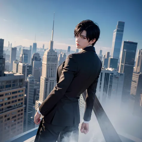 1boy, short black hair, blue eyes, wearing all black suits, on top of a building, high res, ultrasharp, 8k, masterpiece, looking at viewer from behind