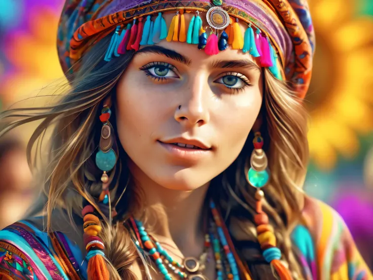 Girl  , in hippie time  style, beautiful  face - Colorfull image in (8 k Quality ) - Perfect hands and max attention to the details -