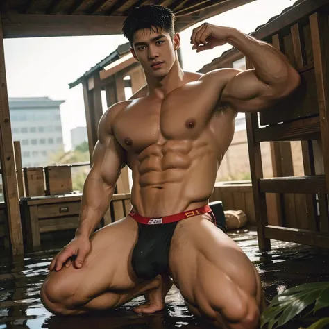 chinese boy, handsome china boy, china actor, very cute s face,  boy, baby face, young s, Very young teenager boy, Amazing dirty muddy Alley scenery, in the middle of mud, he only wear Tiny sheer white thong, crowded people, very hot sunny day, summer, dir...