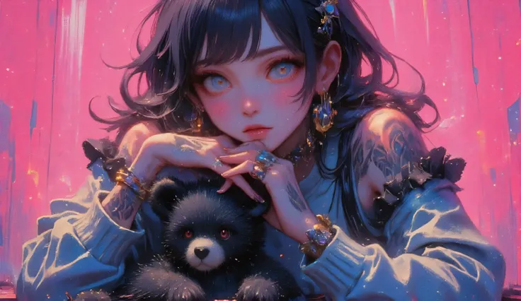 a close-up of a young woman with tattoos on her arms and left cheek, bangs down to above her eyebrows, light eyes head tilted down a little, looking at the camera, long false eyelashes with sparkles on her pink cheeks curls on the sides of her head, wears...