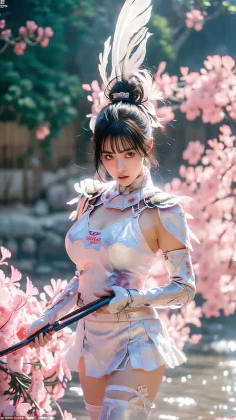 A sexy female character wearing white armor as a warrior from the Sengoku period 、((Messy bun hair))、((raven black hair))、((toned body))、(glistening skin)、 tight body、((mega breasts 1.8))、 plump breasts 、 plump thighs 、 The white armor with the Nadeshiko ...