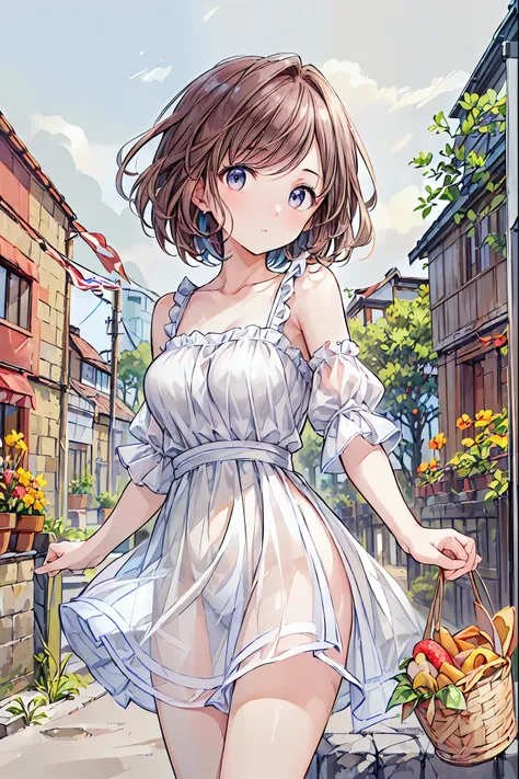 (  masterpieces during breakfast ,   best quality trainer ,  high definition  :1.3), (8k), ((  27 year old woman  ,  brown hair with blue highlights, sheet skin ,  absolute short hair )),  freckles grey eyes , Garden scenery,  Mid-chest ,  face close-up , ...