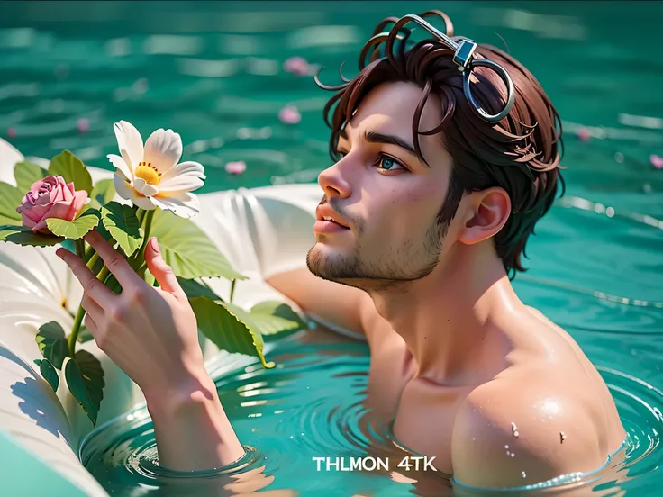 there is a man in a pool with a flower in his hand, champagne commercial, flowers growing out of his body, laying on roses, screenshot from a movie, with subtitles, tv commercial, still frame from a movie, still from the movie, still from a music video, ho...