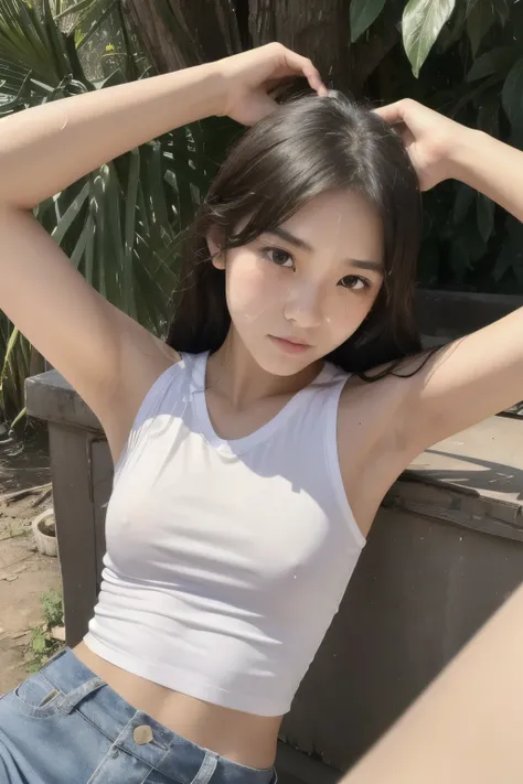 A junior high school student,  girl, very beautiful,  early teen ,  ethnic chinese , fair skin, wearing a sleeveless white t-shirt is a letdown, raised both of his hands to show both his armpits, skinny but athletic, overgrown hair on the armpits, crying, ...