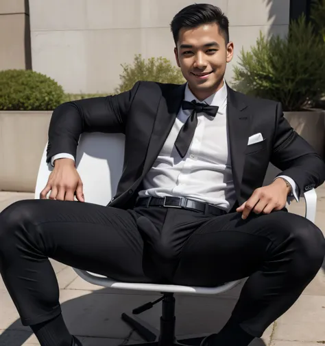 23-year-old male,  black suit、 white shirt、black tie、black slim pants、mafia、Vacant lot、  open legs wide 、stand chair、  The crotch part of my pants is swollen,  bulging muscles  ,Gay ,  short hair,  short hair、 stubble,Asian Face,Hermes Belt。Black socks、Equ...