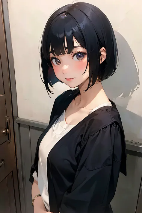 NSFW,masterpiece, top quality, high definition , very detailed ,( high school girl), black hair, shorthair , bob cut 