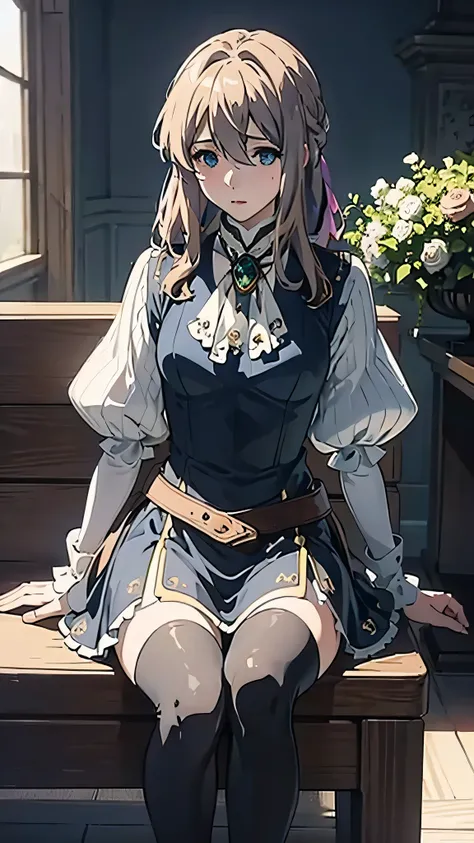 Violet Evergarden; up to down perspective of scene;; sitting cute pose; staring on sky; mini-skirt; stockings; aesthetic; bohemian; realistic; skinny fit; emo; ; night castle background; Dark fantasy ; focus on hips; goddess; solo girl; epic scene; cute ey...