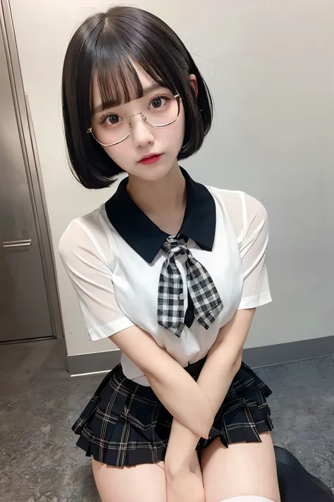 NSFW,masterpiece, top quality, high definition , very detailed ,( high school girl), black hair, short hair, bob cut ,uniform, shirt ,ribbon, plaid mini skirt,Glasses