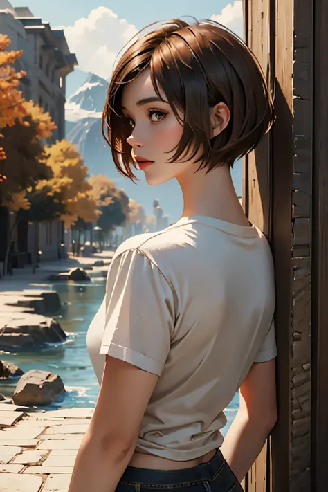 score_8, A young woman with bright brown bob-cut hair,  Fantastic Backgrounds,  Artistic