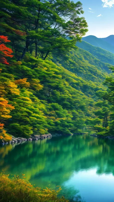 A beautiful Korean mountain and lake, (masterpiece), (portrait), (raw photo), (highly detailed CG unity 8k wallpaper) intricate, sharp focus, dramatic, realistic art