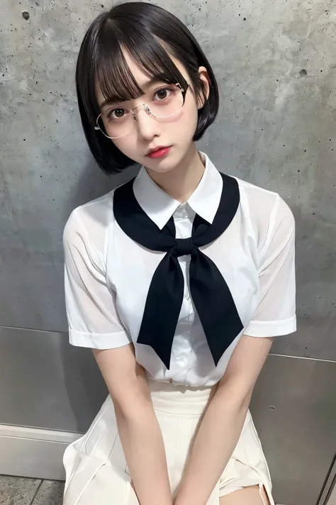 NSFW,masterpiece, top quality, high definition , very detailed ,( College Student ), black hair, short hair, bob cut ,uniform, white shirt,ribbon, miniskirt,Glasses