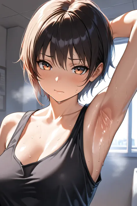 (masterpiece, HDR, Detailed Pictures, 2k, High Resolution) 1girl, solo, short hair, arm up, armpits, sweating armpits, disgusting armpits, detailed armpits, sexy body, tank top