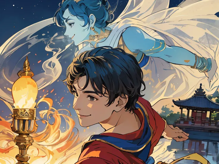 ((masterpiece, highest quality, 4k, 8k, 32K, masterpiece: 1.2, ultra-detailed, intricate details, highly detailed face, accurate anatomy)),
Depicts events in a dream, slightly hazy moonlight, translucent genie, see-through body, genie in the sky,
((super m...