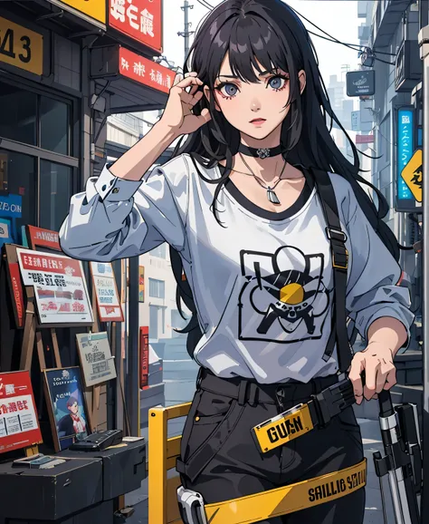 ( best quality ,  Obla Prima :1.2) |  detailed eyes on board:1.2 1 Female ,Solindo ( Dynamic English, throw, face,  long hair,Gun Shop )  choker,  shirt, オープンスウェット shirt, Create delicately detailed ,  Obla Prima ,  Cyberpunk Style Clothes 