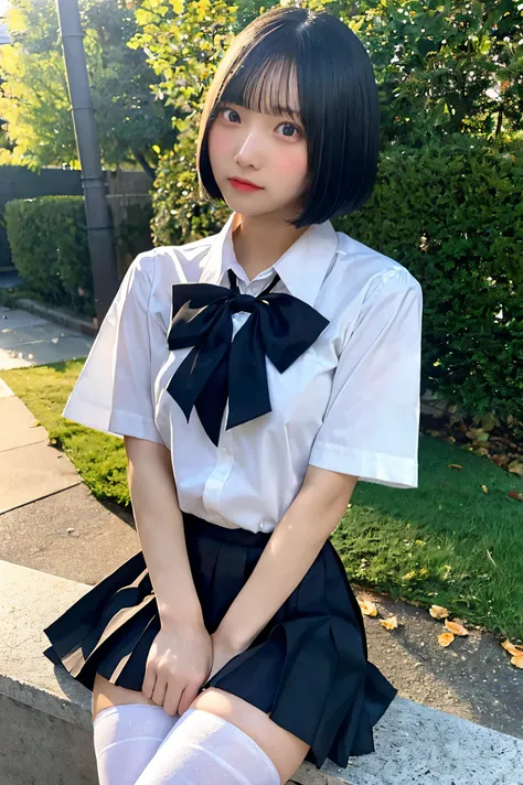 NSFW,masterpiece, top quality, high definition , very detailed ,( College Student ), black hair, short hair, bob cut ,Big Breasts, school uniform, white shirt,ribbon, miniskirt, pantyhose,Embarrassed,blush, shy 