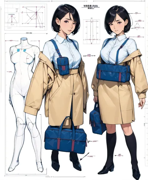 ( character design sheet :1.4), (Technical Diagram :1.4),
(  masterpieces during breakfast ), ( top quality),
 1 girl, ( perfect face:1.2), ( beautiful face:1.2),  black hair,  short hair to be shouldered,
 school uniform,  school bags ,
 happy ,  high def...