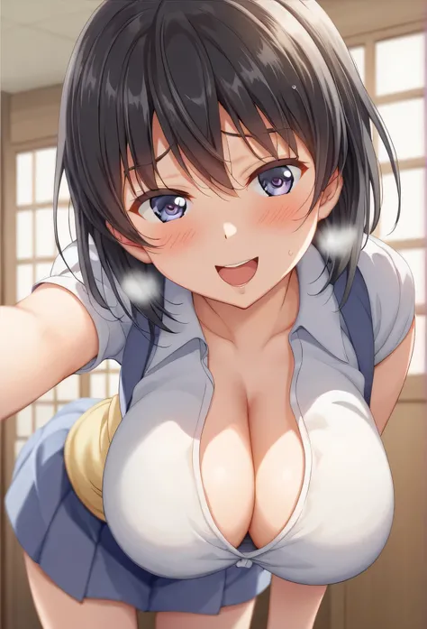  bets before live、chest,   high definition , Busty、cute　 pretty girl、 and the chest is too tight and loose、The waist is also constricted and thin 、 slim legs 、 anime style, 、 delicate　 short、 black hair shortcut、、blush　 ahe face　Chest with a sense of weigh...