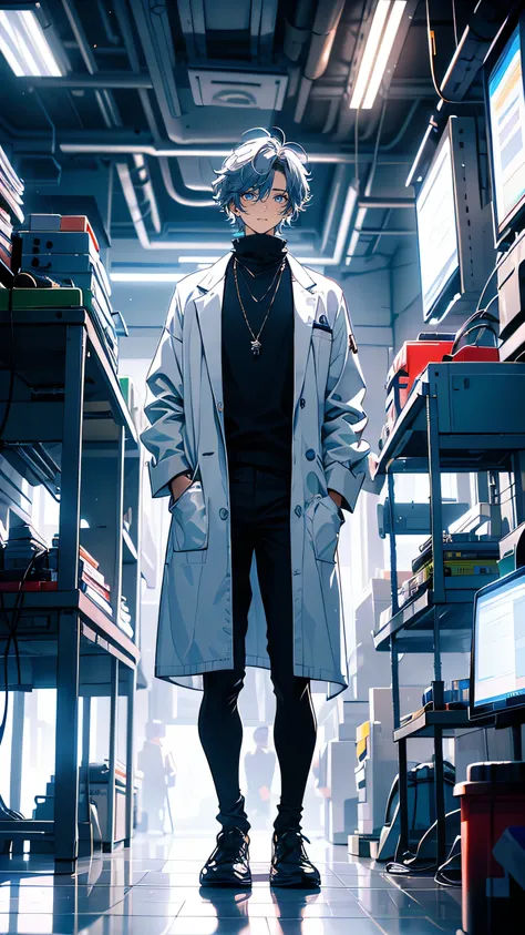 “A middle-aged scientist with a disheveled appearance, standing in a sterile, high-tech laboratory filled with glowing equipment and experimental devices. He has untamed gray hair and wears a long white lab coat over a turtleneck sweater. His glasses refle...