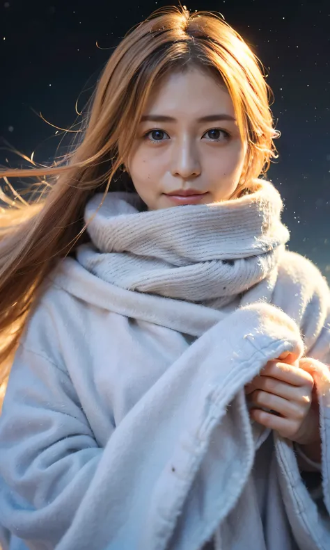 (  Cream-colored hair、Heavy snowfall area、Snow is falling、 blue eyes、 blue eyes、white winter clothes、Admire the night sky in a frigid region、Im wearing a fluffy red scarf、Her breath is white expression 、A woman looking at the starry sky、 Night Background 、...