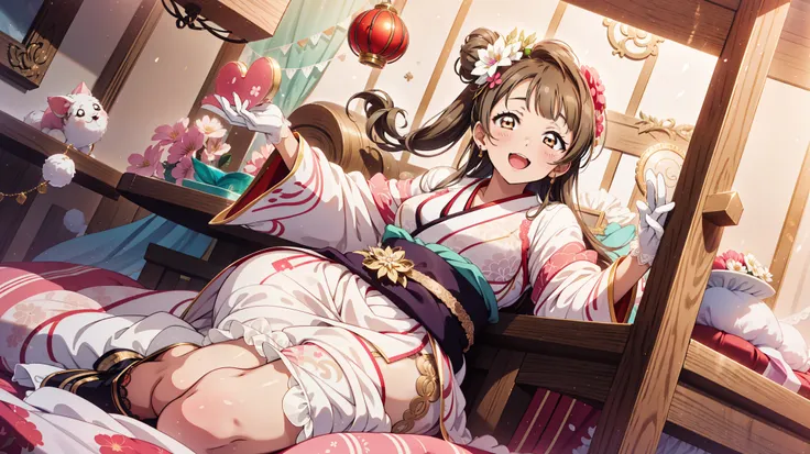 masterpiece,  Minami Kotori, ,  Charm，Geisha，Hanfu，Wrinkles，flower pattern ， special hairstyle，Medium-length hair， soft colors， with golden eyes，Single，Oblique angle，happy，Middle Curve，lace gloves，Lace，