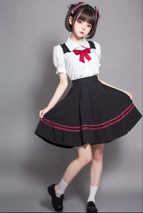 a  girl, ((she is lifting up her skirt)) , real photo, (((full body))), (looking down at me),  bob hair, big ribbon on her hair, (lolita dress, circular skirt), 