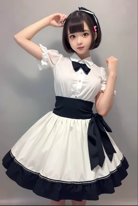 a  girl, ((she is lifting up her skirt)) , real photo, (((full body))), (looking down at me),  bob hair, big ribbon on her hair, (lolita dress, circular skirt), 