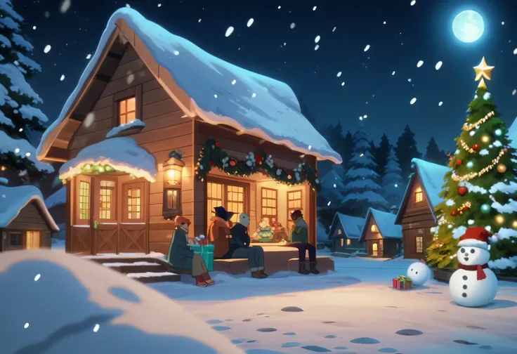 score_9, score_8_up, score_7_up, source_anime, anime screencap, a group of people  sitting near the Christmas tree, night, outdoors, snow, winter, presents, stars, cabin in the woods, moon, winter clothes, snowman, big Christmas tree, Christmas tree focus,...