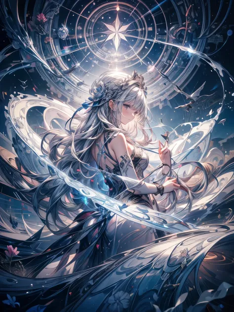 Break, waves,  1 girl, No.18,   Extremely long hair  ,  Silver Slit Dress, 
Flowers Bloom ,  galaxy,  Spiral Nebula , birds,   Like a Dream ,
 is the best quality, masterpiece,  ultra-high resolution , illustration, Deep Shadows, edge light, 