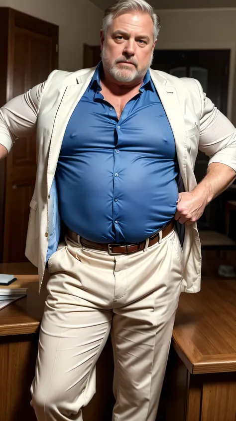 (best quality,4k,8k,highres,masterpiece:1.2), age 60, white man, horny disgusting, muscular chubby, kind, open blue shirt , mature daddy, Dress Pants with big hard bulge, hairy chest hard nipple, belt, loafer,