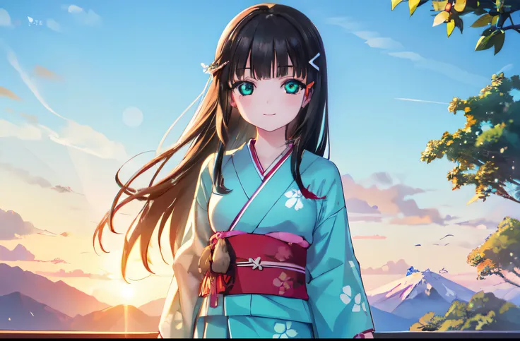 Dear Kurosawa, Kurosawa Diamond,  long hair, bangs,  black hair, Head ornament, ( green eyes:1.3), sidelocks,  hair clip, blunt bangs, mole, mole under mouth, break,kimono, break indoors,blue sky,Mount Fuji,  moon,break looking at viewer, ( Cowboy Shots:1....