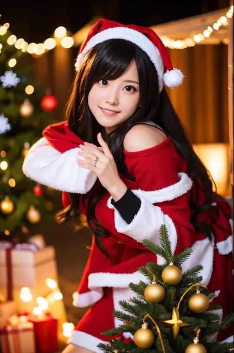 black Santa cosplay 、Cute girl、 Sexy Poses 、 background is a Christmas tree、 ILLUMINATION、