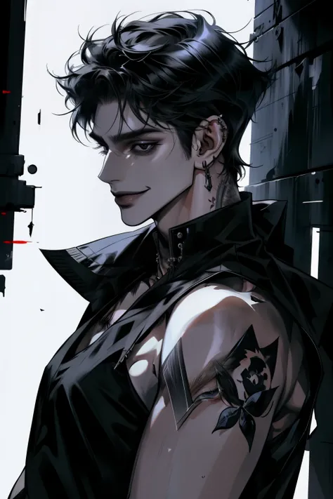 boy,   wolf cut hairstyle,   black hair,    sharp features wearing student uniforms ,   white skin  ,   side view , (( black sleeveless )),   Dark alley background  , earring, (Black tattoo),  black eye ,  smile  , whole body, Piercing